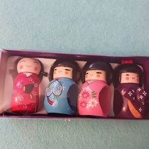 Colorful Kokeshi Doll Napkin Rings Set 4, Wooden Hand Painted